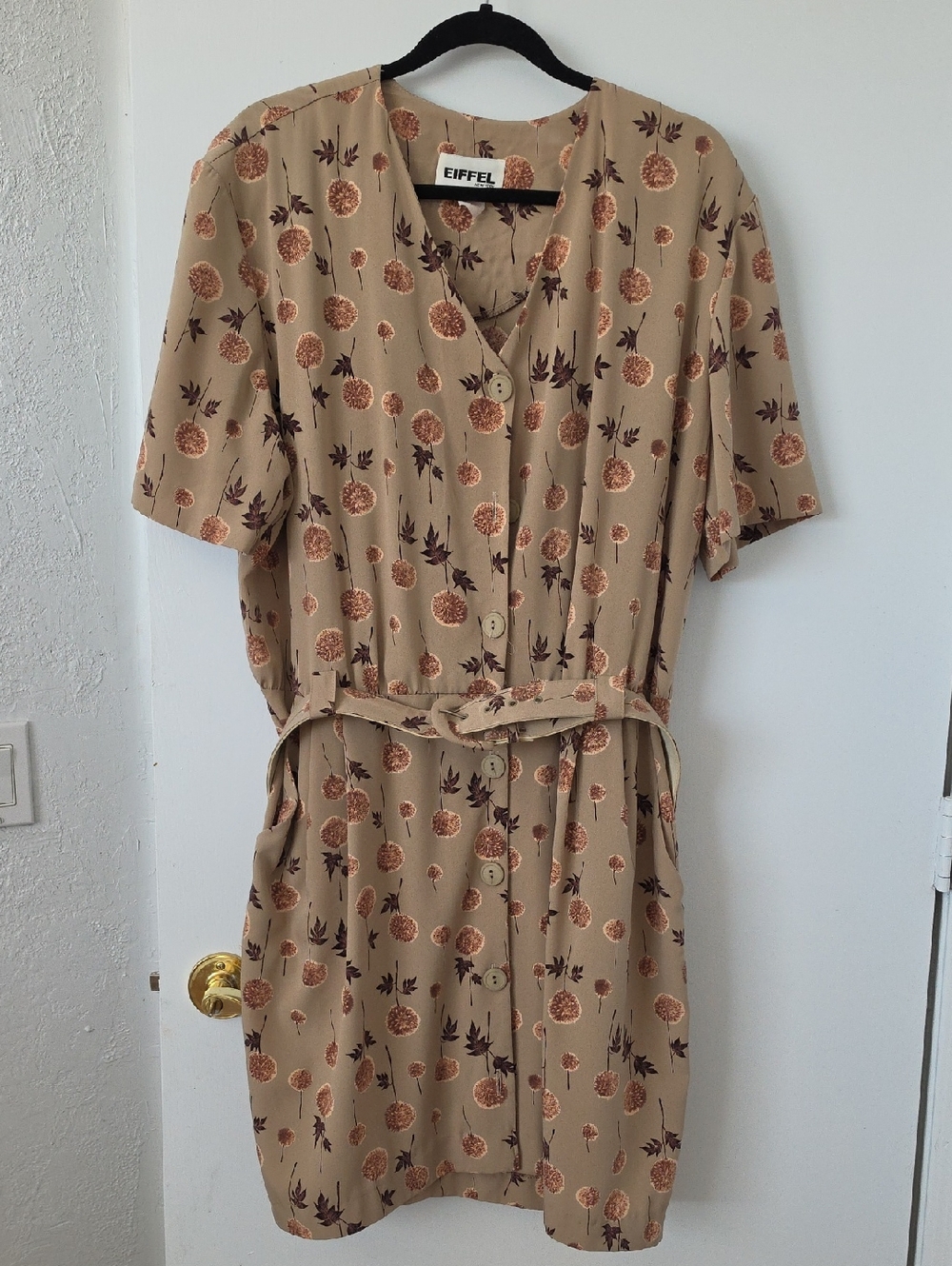 Beige Floral Midi Dress with Waist Tie